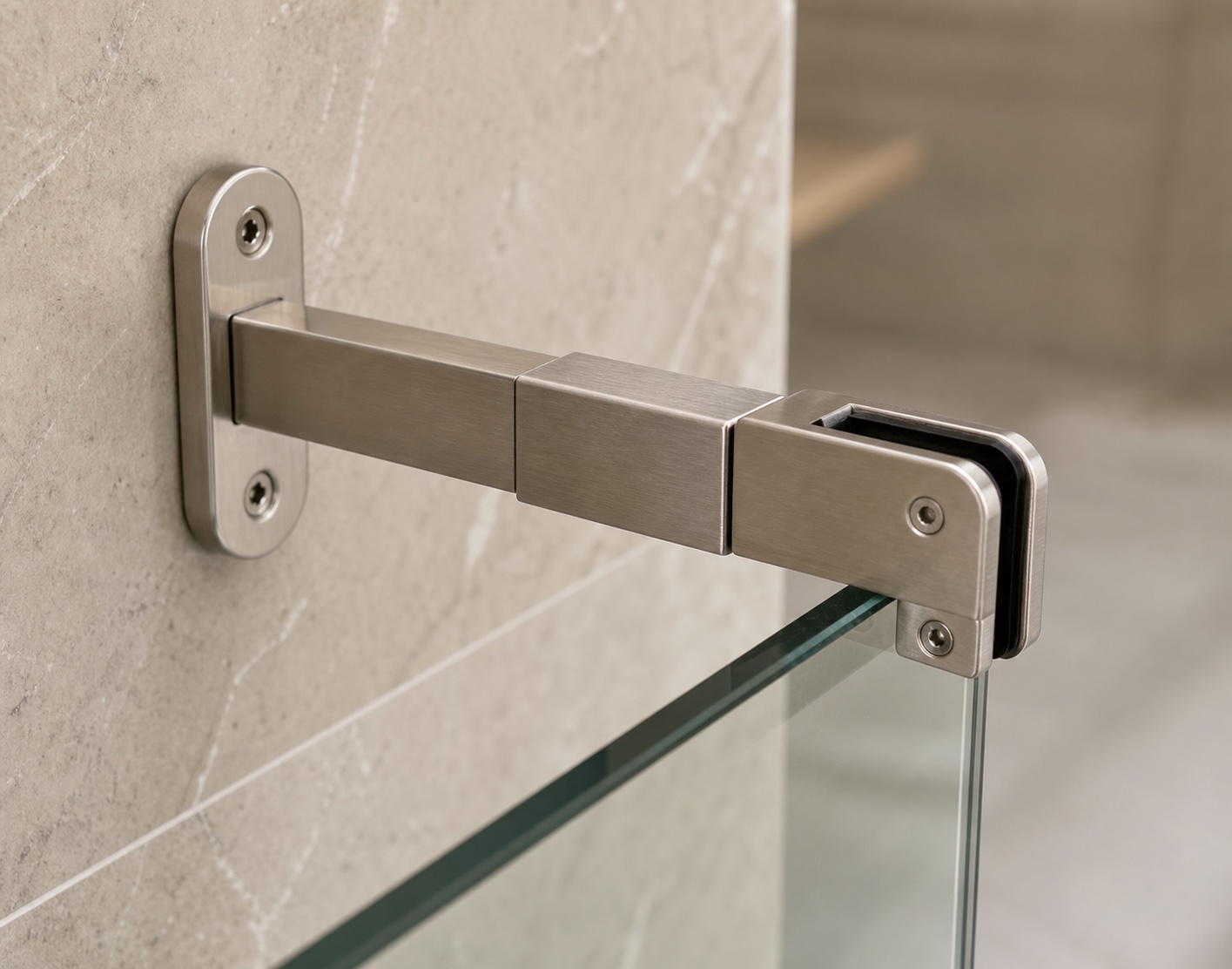 Detalle de soporte de abrazadera para mampara de pared a vidrio de acero inoxidable 304 cepillado con brazo ajustable