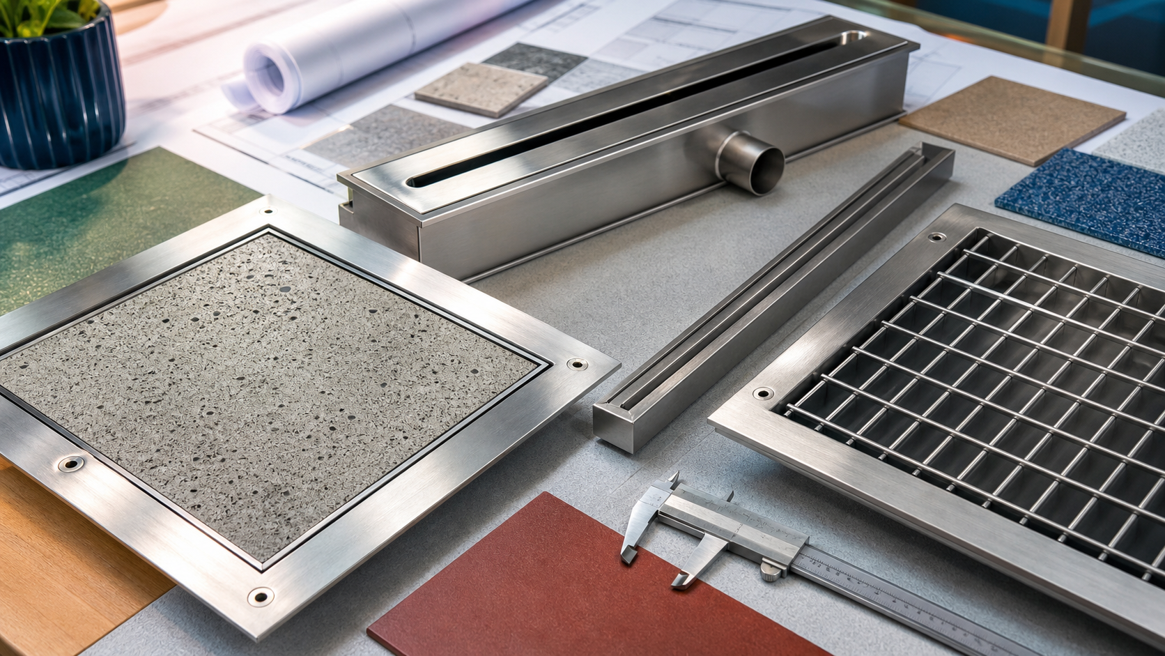 Custom stainless steel grating, recessed manhole cover frame and linear drain samples for building hardware projects