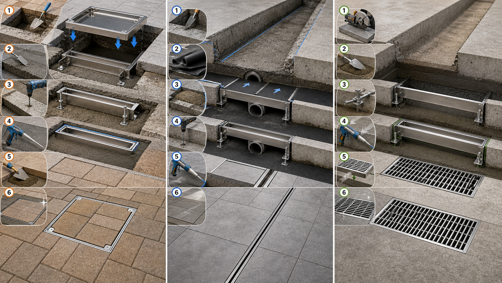 Installation method for stainless steel recessed access cover, hidden linear drainage channel and stainless steel trench grating