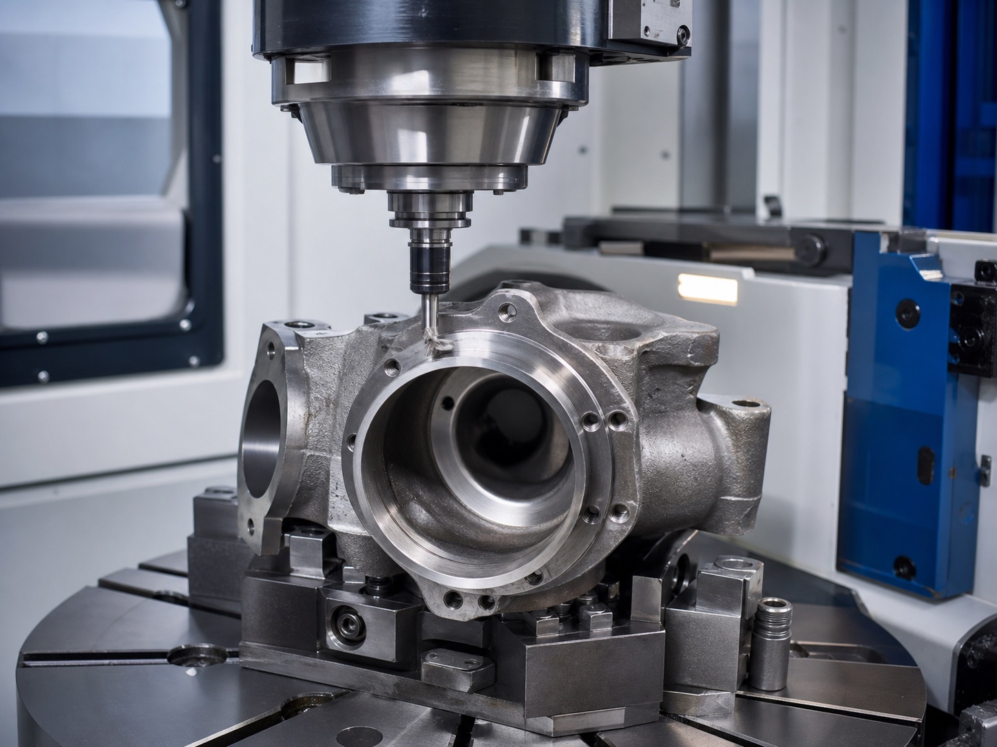 CNC machining sealing faces and bolt hole features on a cast turbocharger related housing