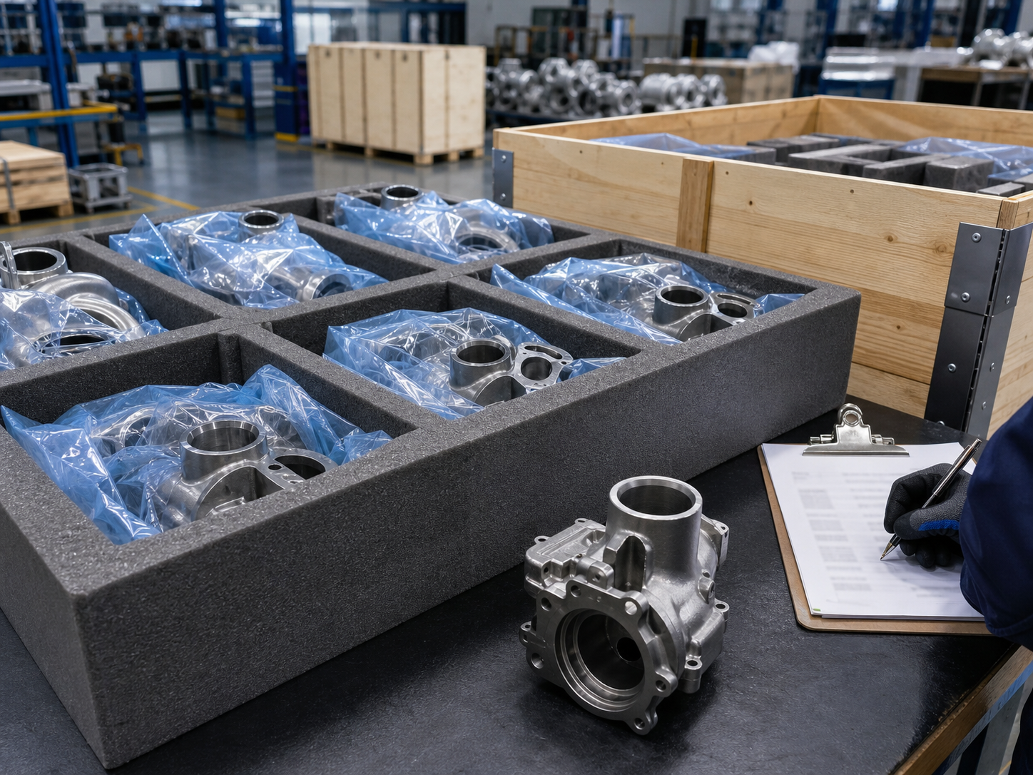 Finished turbocharger related cast metal components prepared for export packing