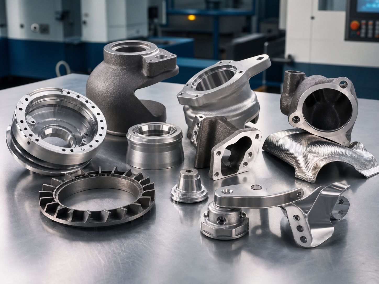 Finished precision cast and CNC machined turbocharger related components arranged for OEM inspection