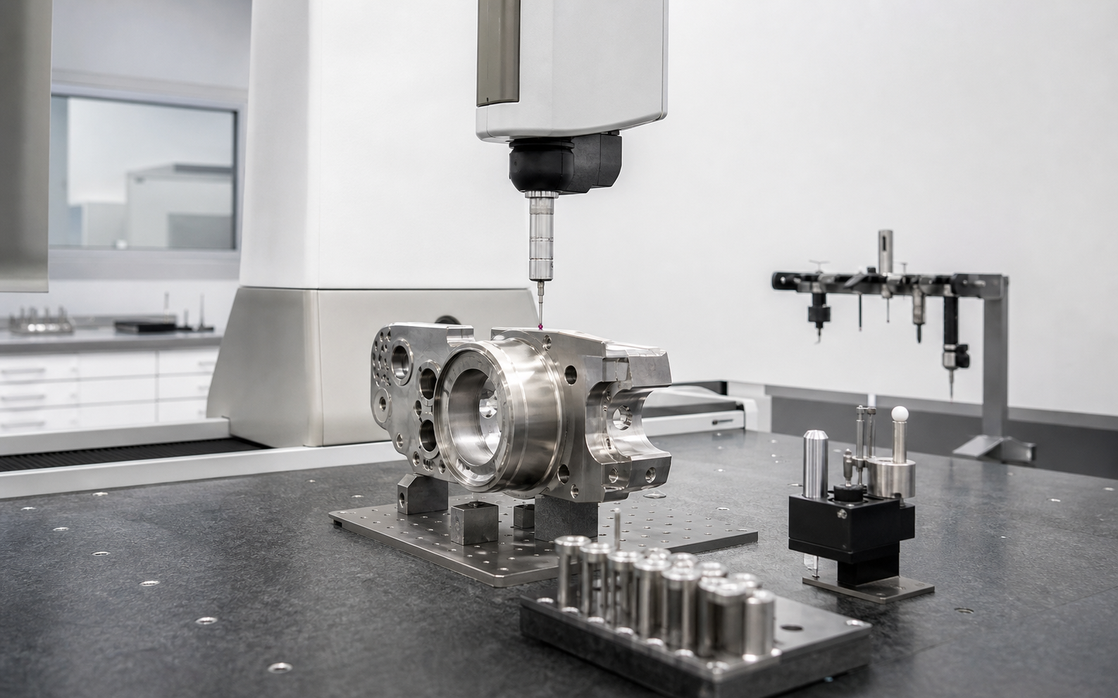 Custom machined metal component inspected on a coordinate measuring machine