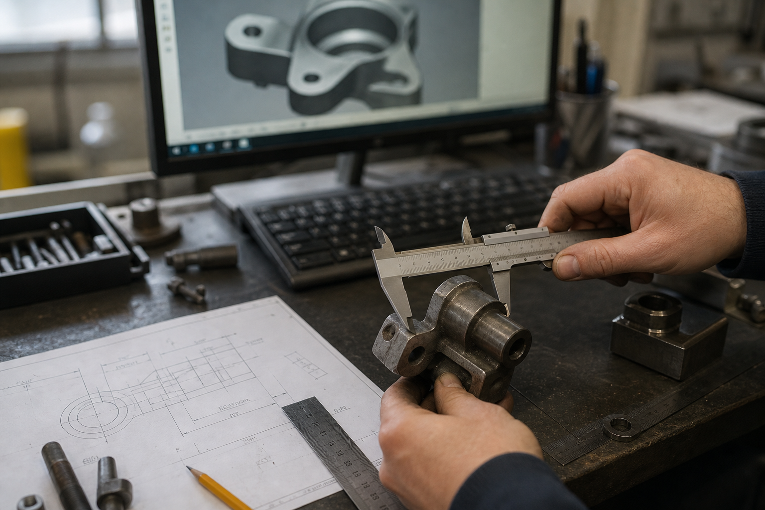 Engineer measuring critical dimensions with a caliper