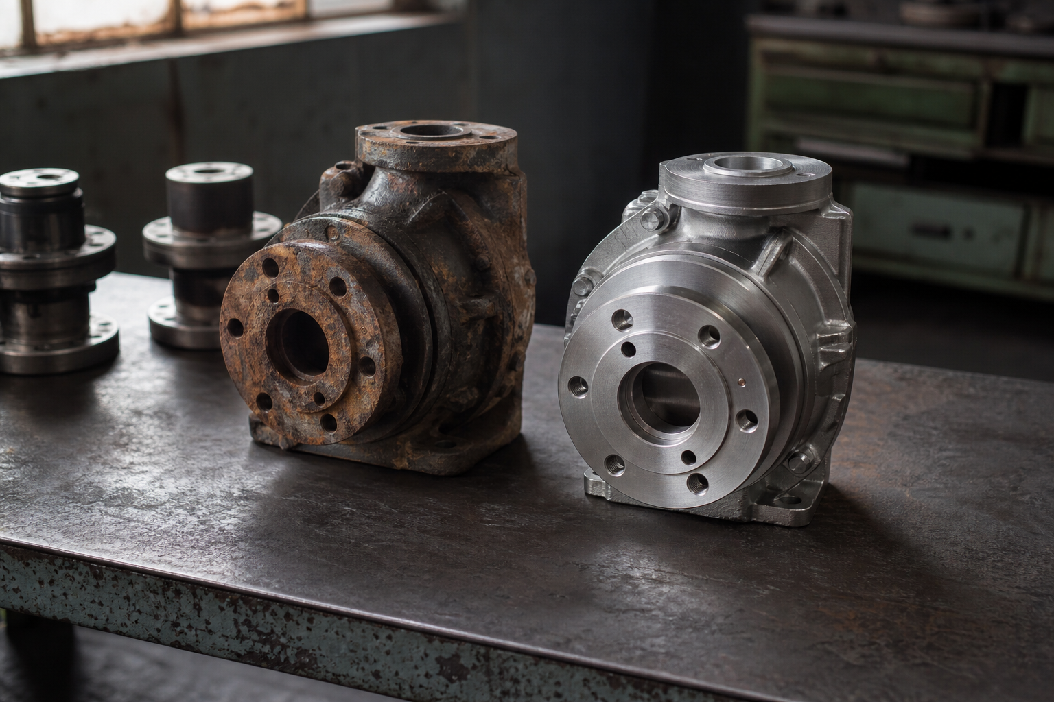 Worn customer sample beside a newly manufactured metal component