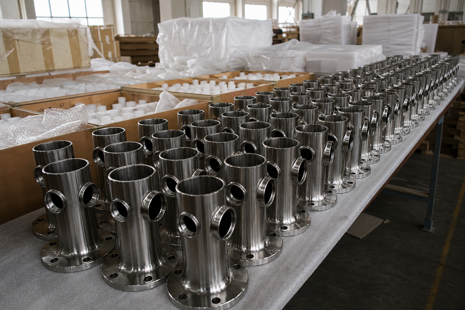 Finished metal components arranged for batch production