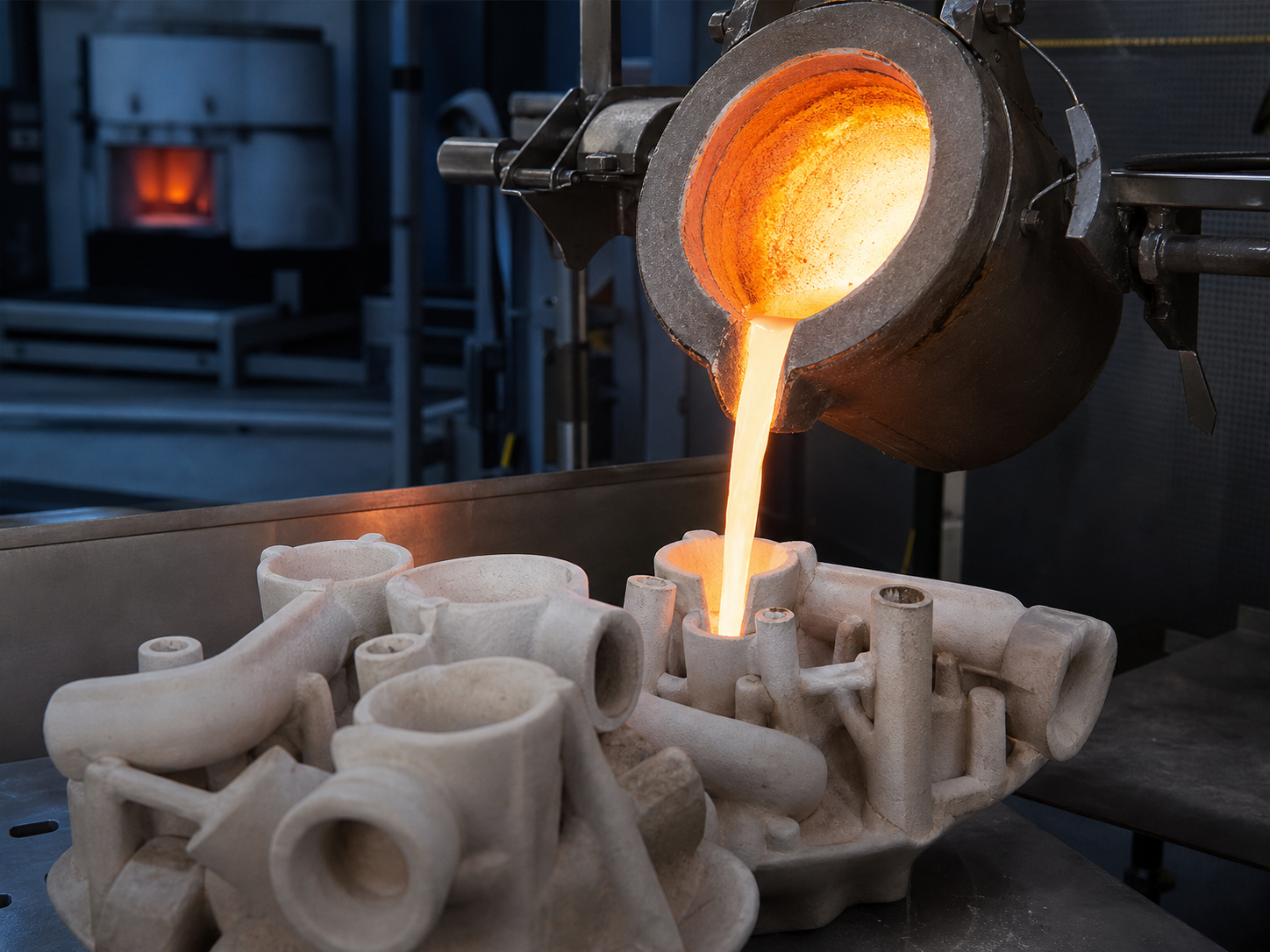 Molten stainless steel pouring into ceramic shell molds for precision casting