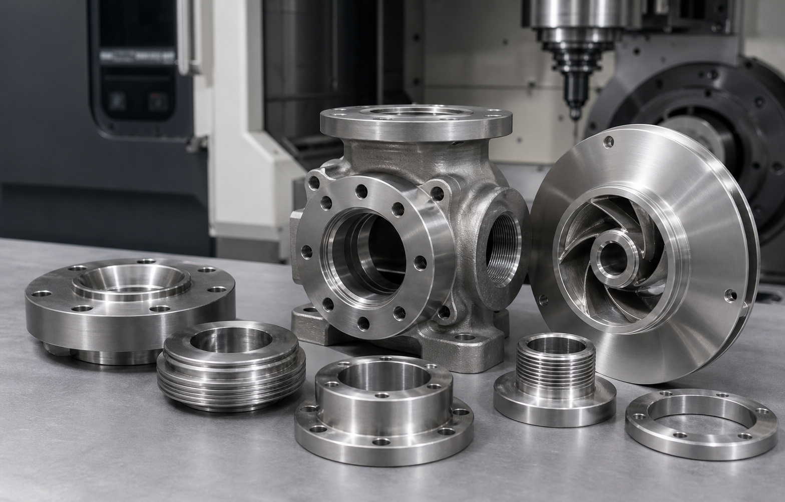 CNC machined pump and valve components with flanges and sealing surfaces