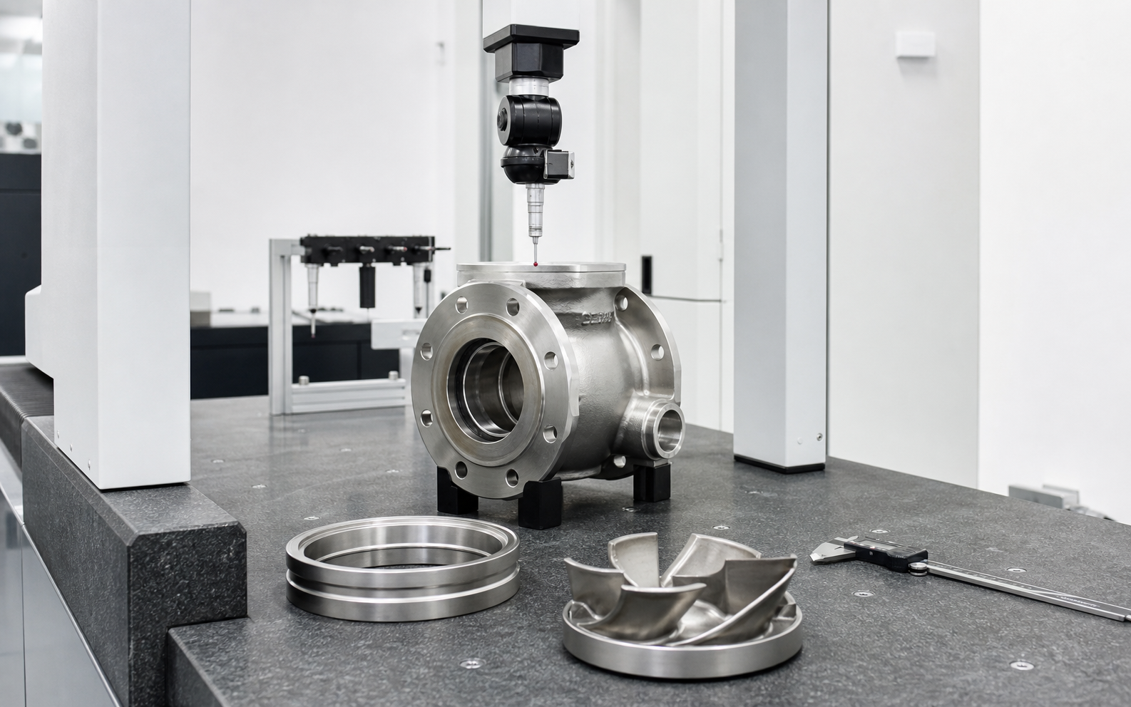 Pump and valve component inspected on a coordinate measuring machine