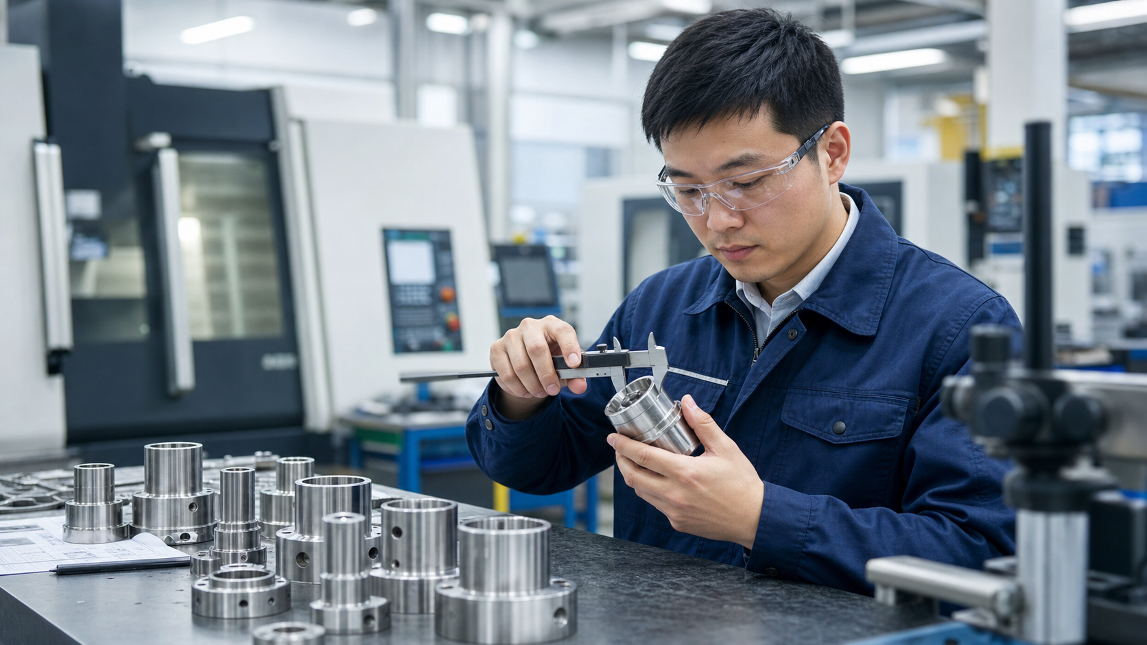Quality inspector checking CNC machined stainless steel parts