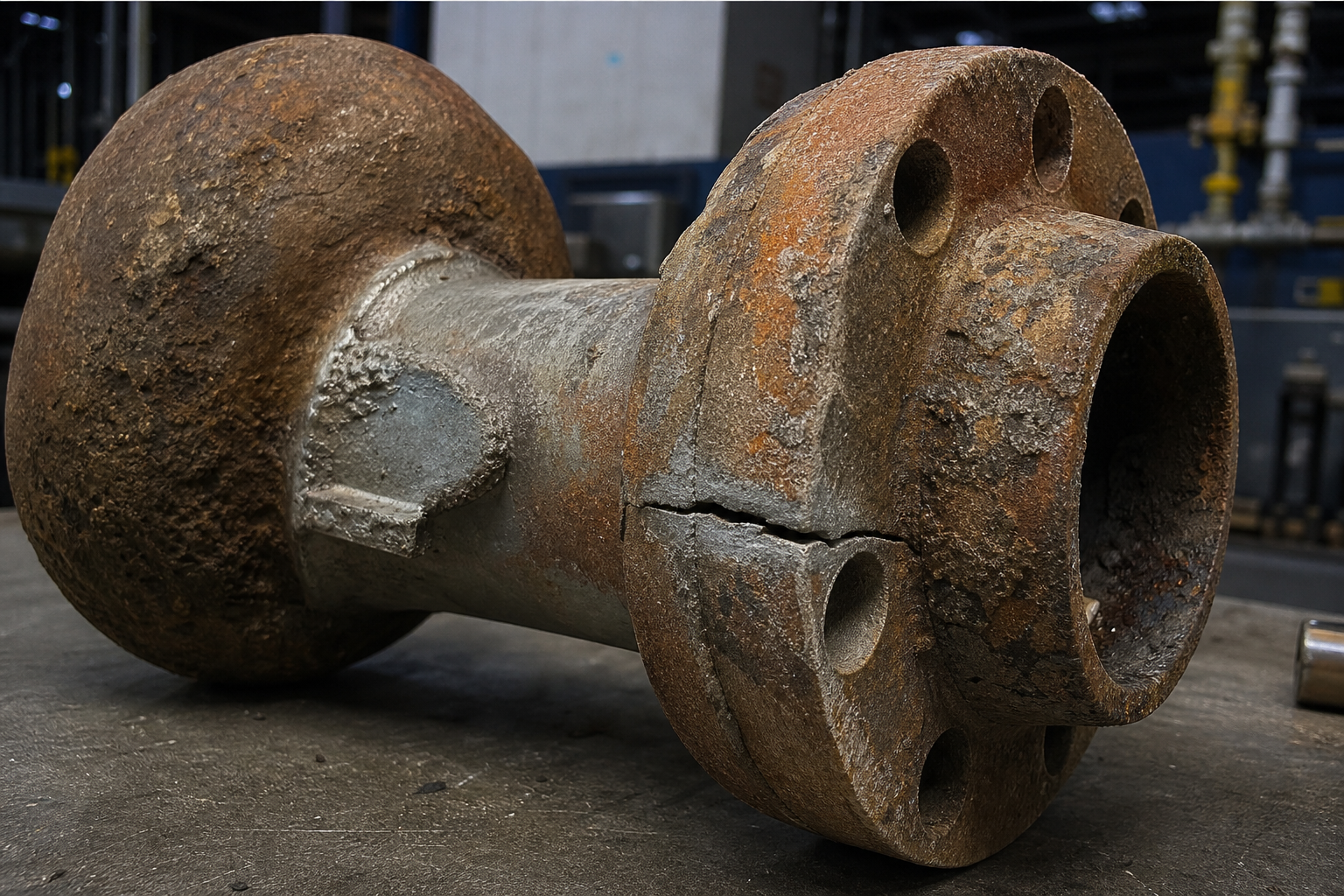 Corrosion and cracking on a failed metal component