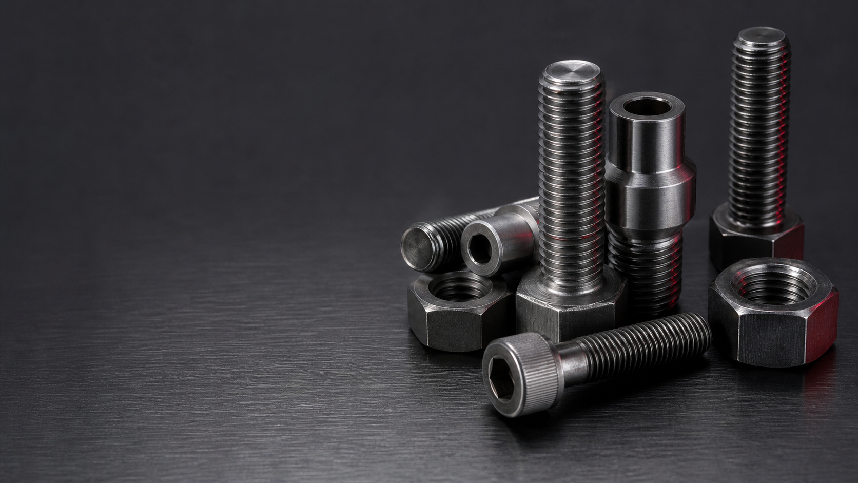Nickel alloy stud bolts and high performance fasteners on a dark industrial surface