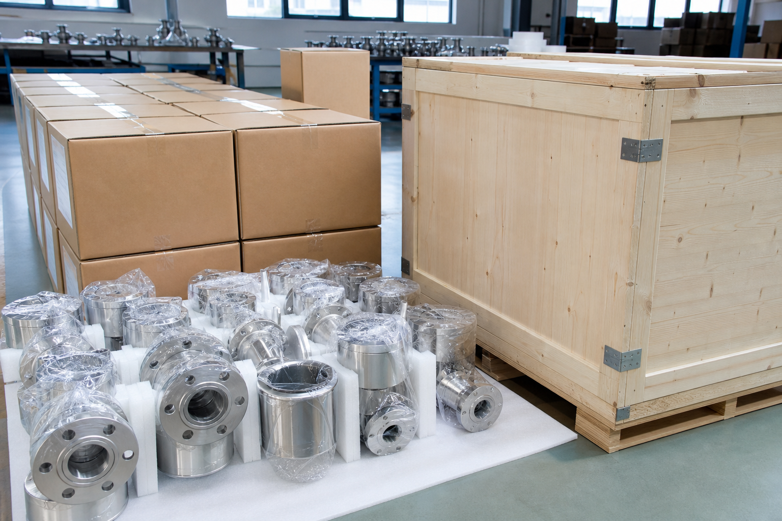 Pump valve and fluid equipment components prepared for delivery