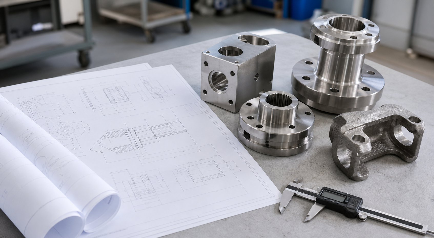 OEM manufacturing project review with metal parts, engineering drawings and caliper