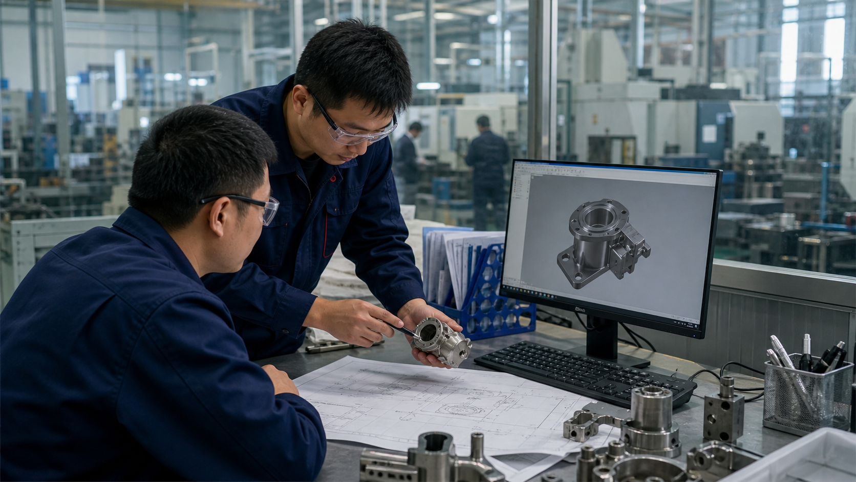 Chinesische Ingenieure prüfen CAD-Zeichnungen und Edelstahlgussmuster