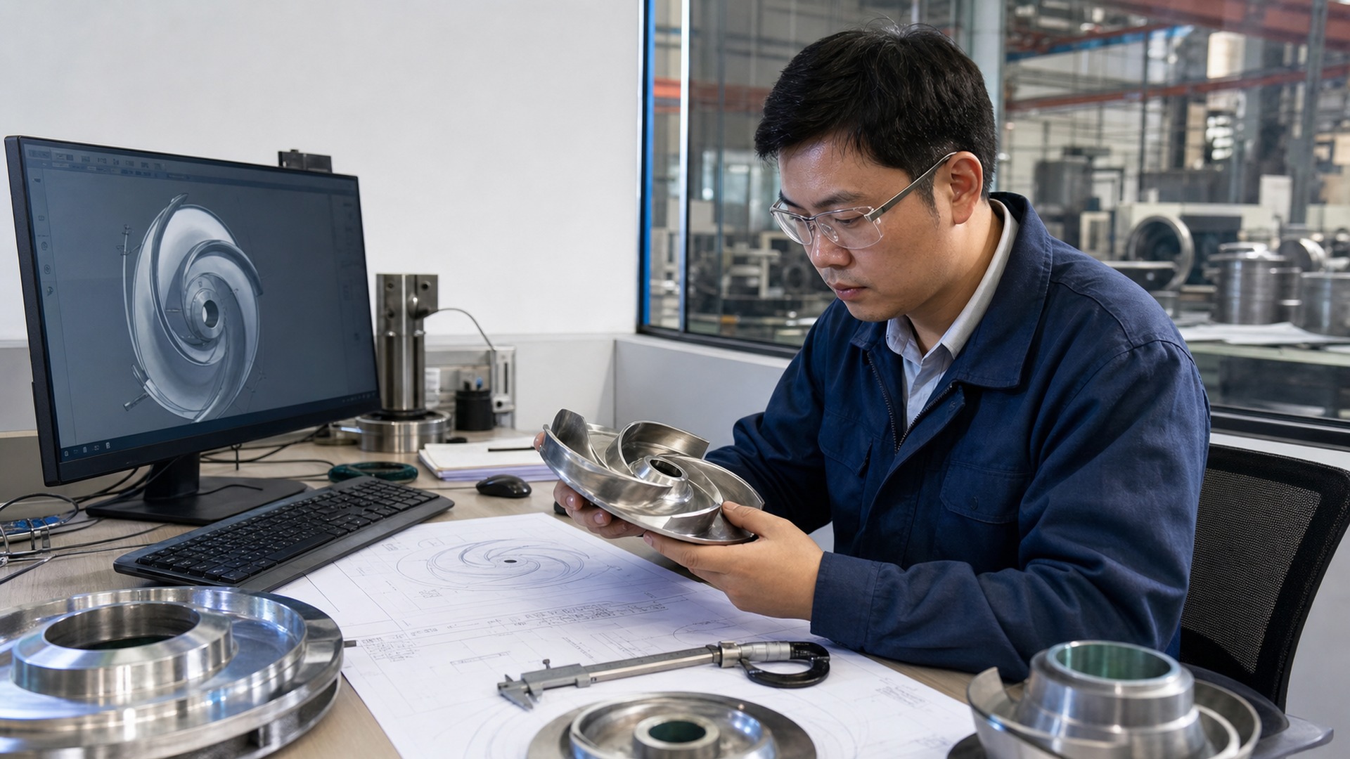 Chinese engineer reviewing a pump impeller CAD drawing with a machined stainless steel impeller sample.