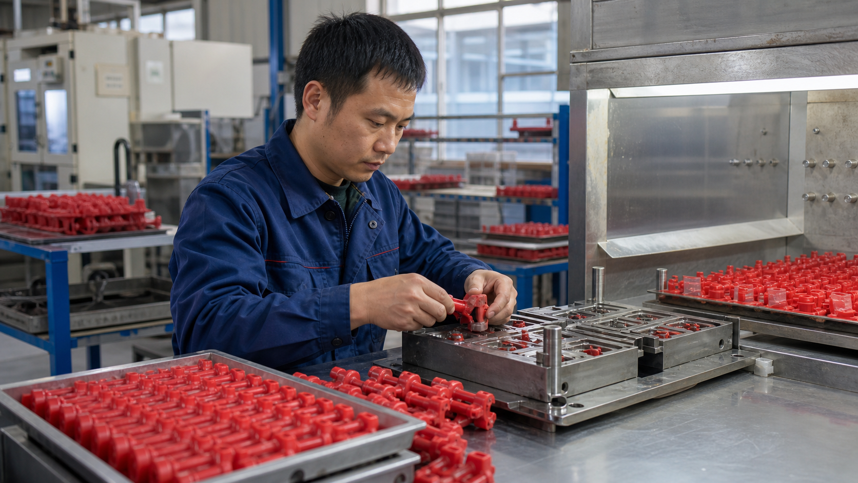 Chinesischer Arbeiter fertigt rote Wachsmodelle für den Feinguss an