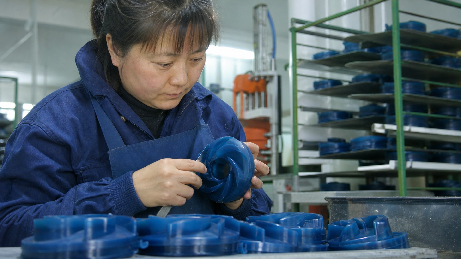 Chinese worker trimming blue wax patterns for pump impeller investment casting.