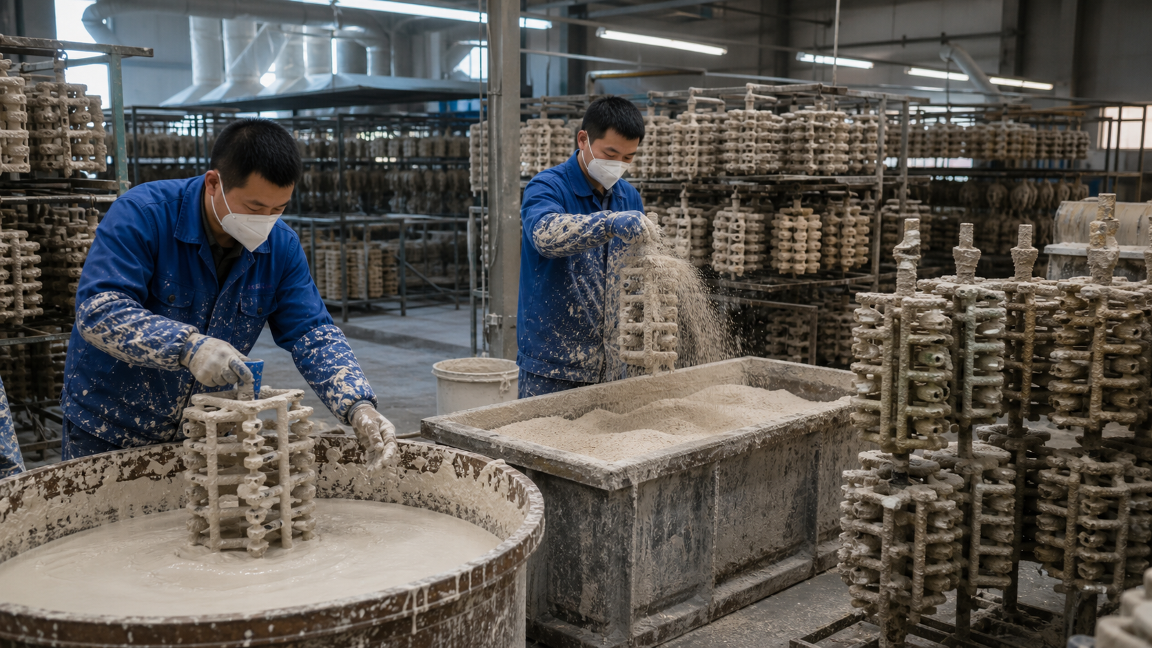 Chinesische Fabrikarbeiter bauen Keramikformen für den Feinguss.