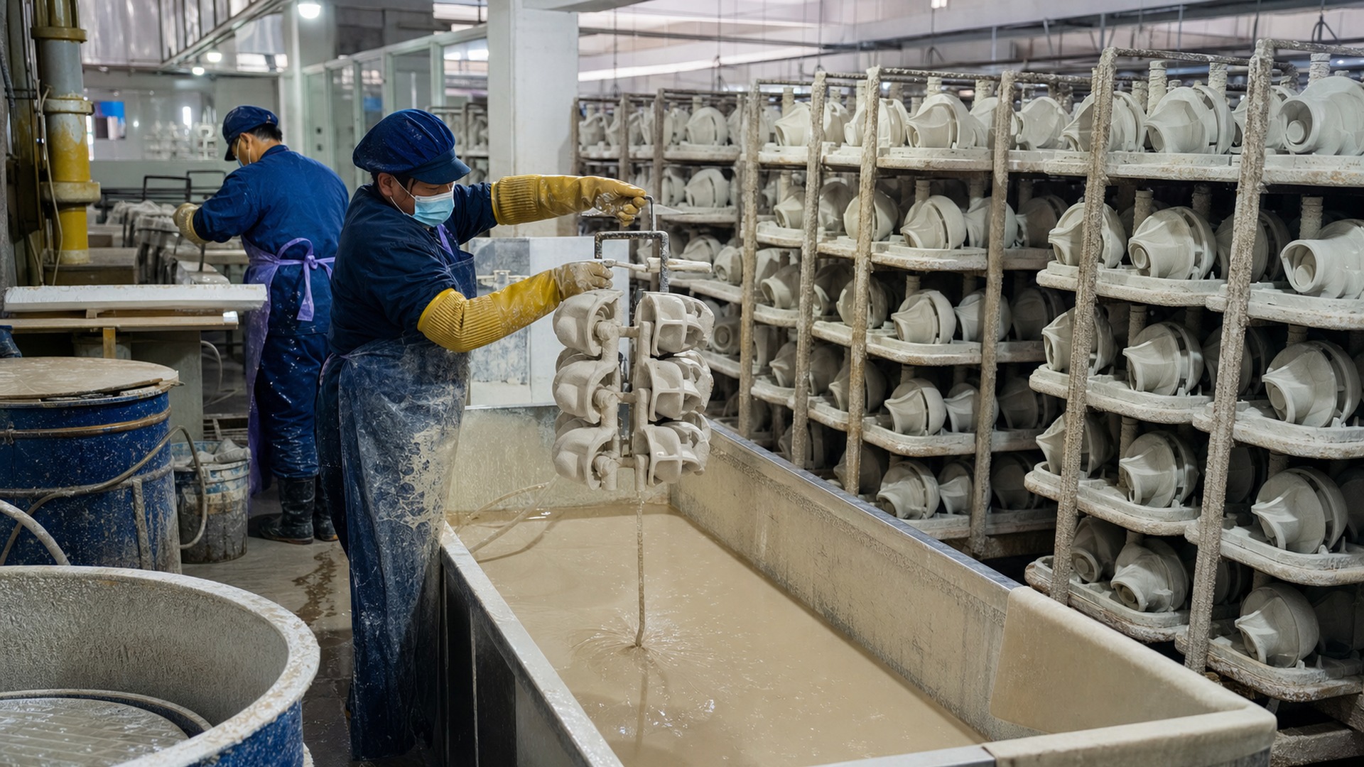 Chinese workers handling ceramic shell molds for pump impeller investment casting.