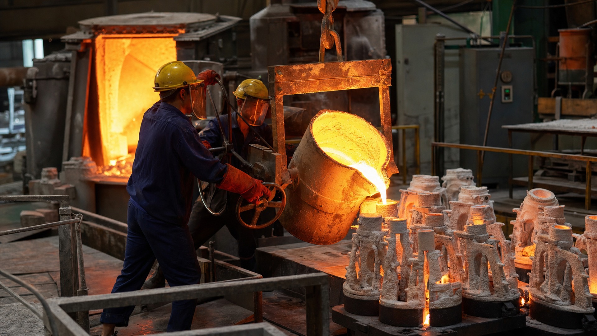 Chinese foundry workers pouring molten stainless steel into ceramic shell molds for pump impellers.