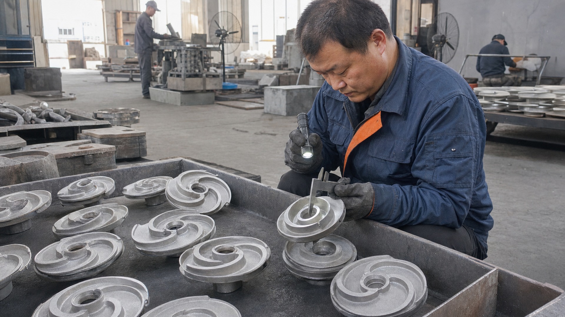 Chinese worker inspecting as-cast stainless steel pump impellers after shell removal and cleaning.