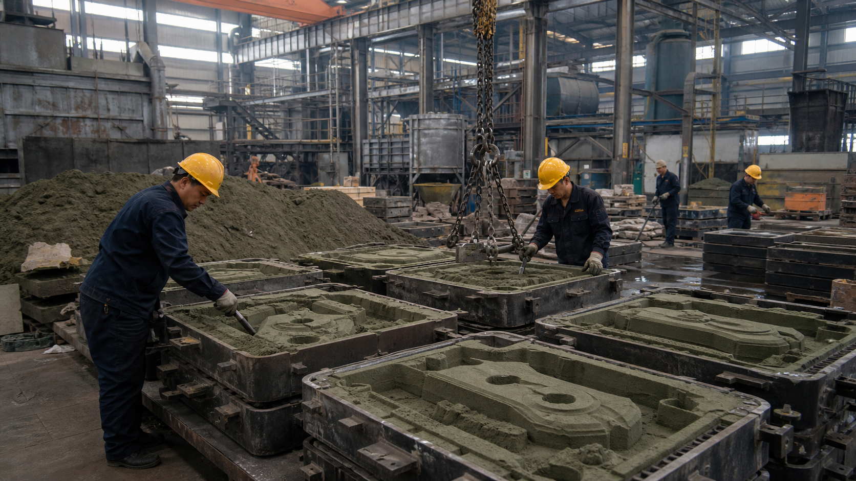 Chinesische Gießereiarbeiter bereiten große Sandformen für den Sandguss vor