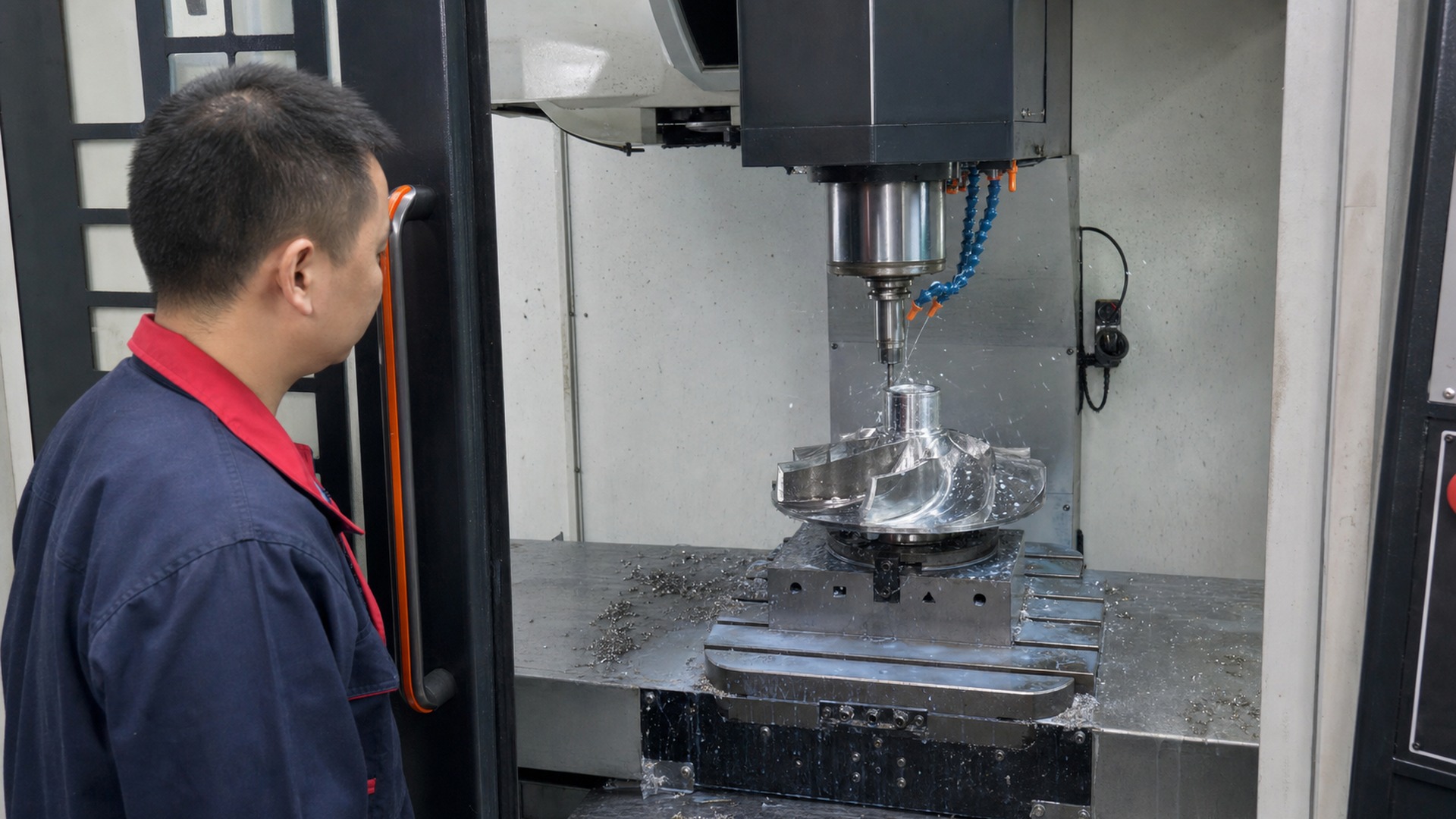 Chinese machinist monitoring CNC machining of a stainless steel pump impeller.