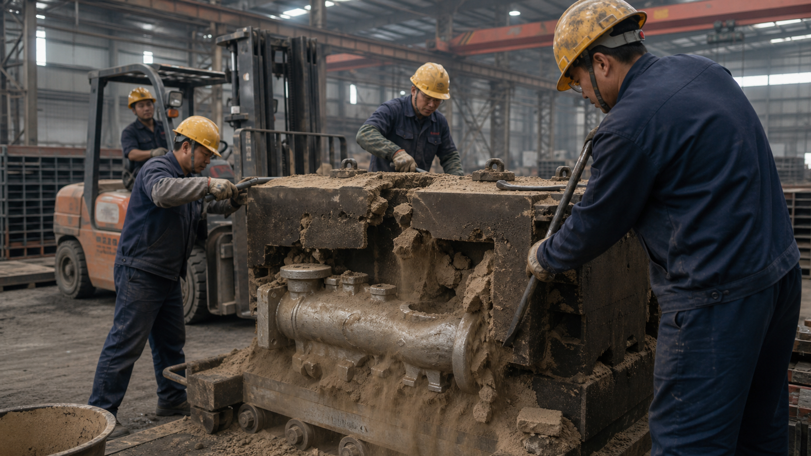 Chinesische Gießereiarbeiter öffnen eine Sandform während des Ausschalens