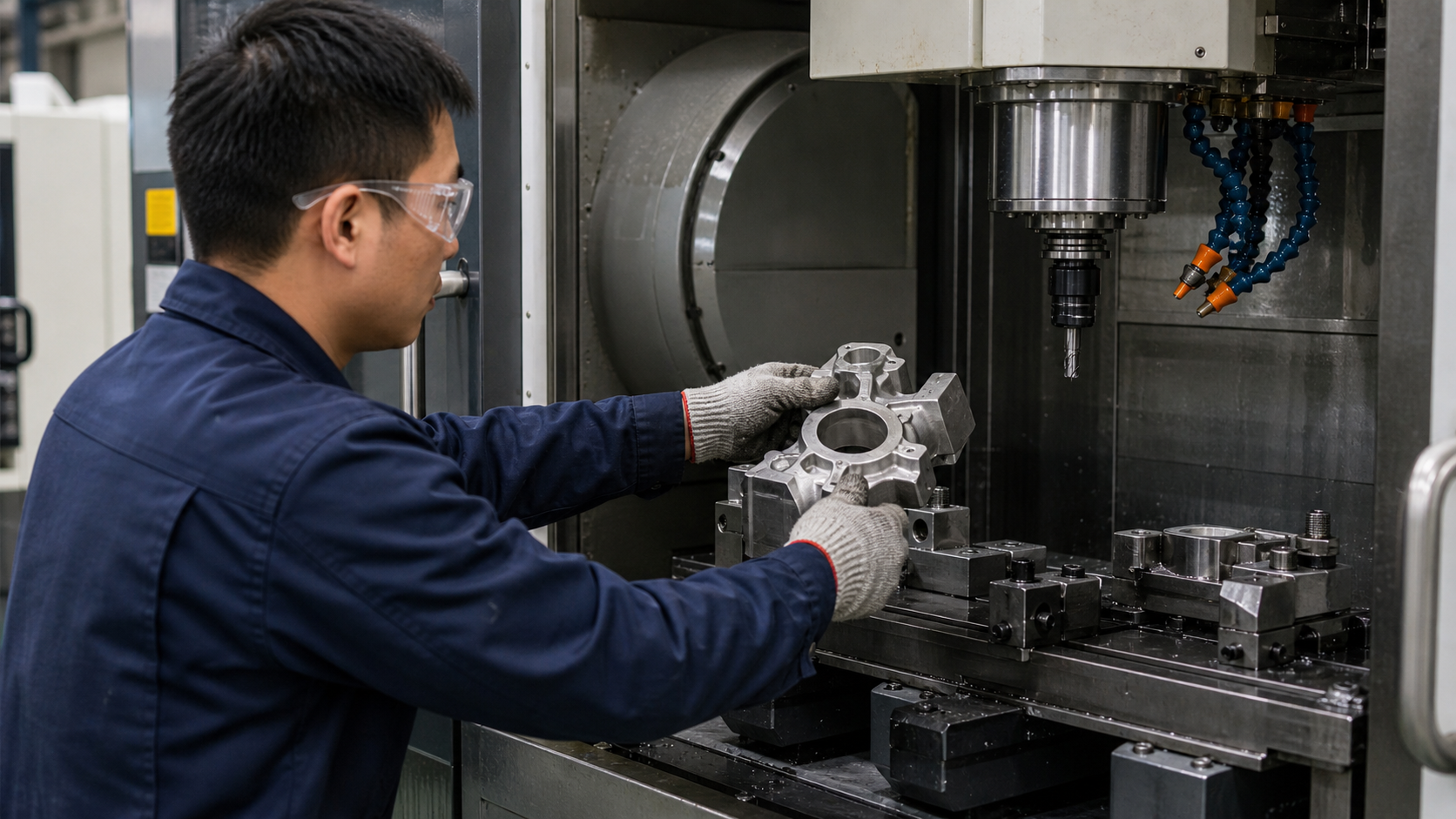 Ein chinesischer Maschinist lädt ein Edelstahlgussteil in ein CNC-Bearbeitungszentrum ein.