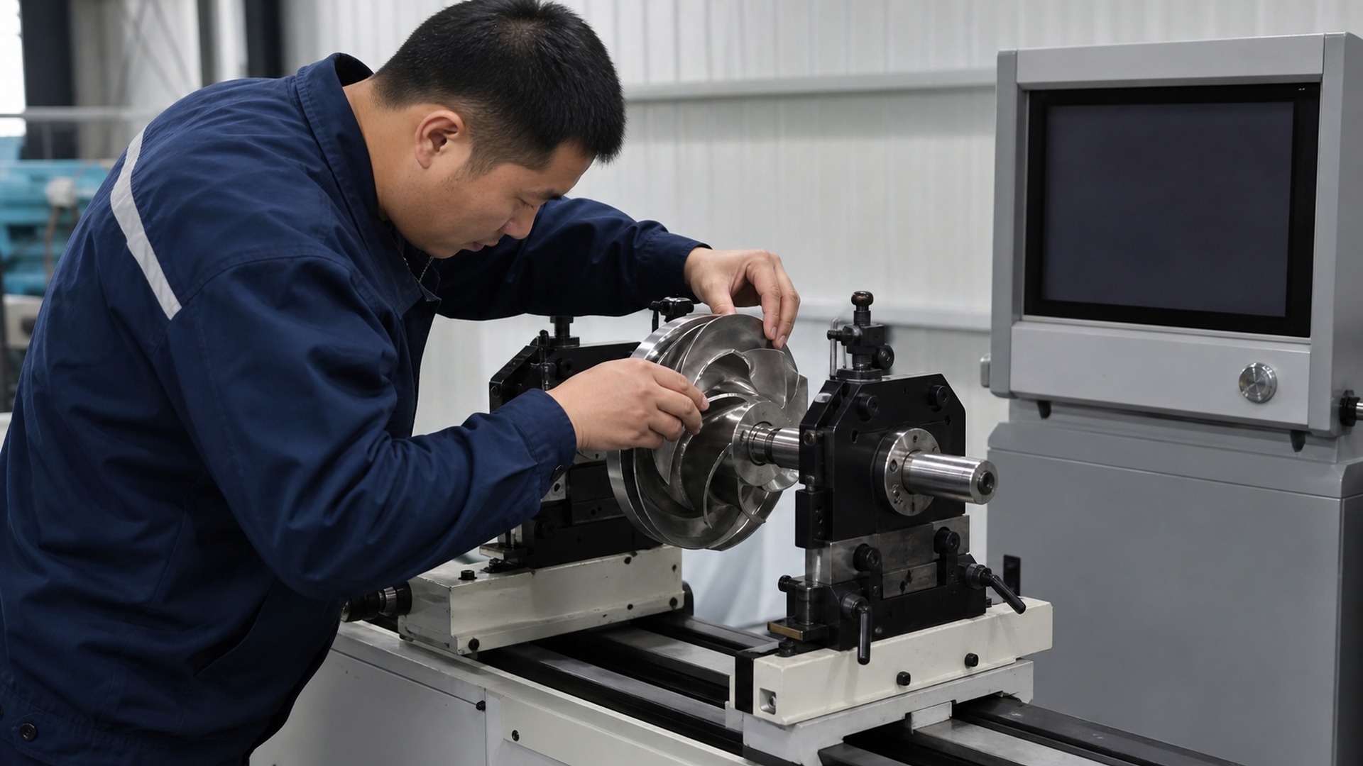 Chinese technician setting a stainless steel pump impeller on a dynamic balancing machine.