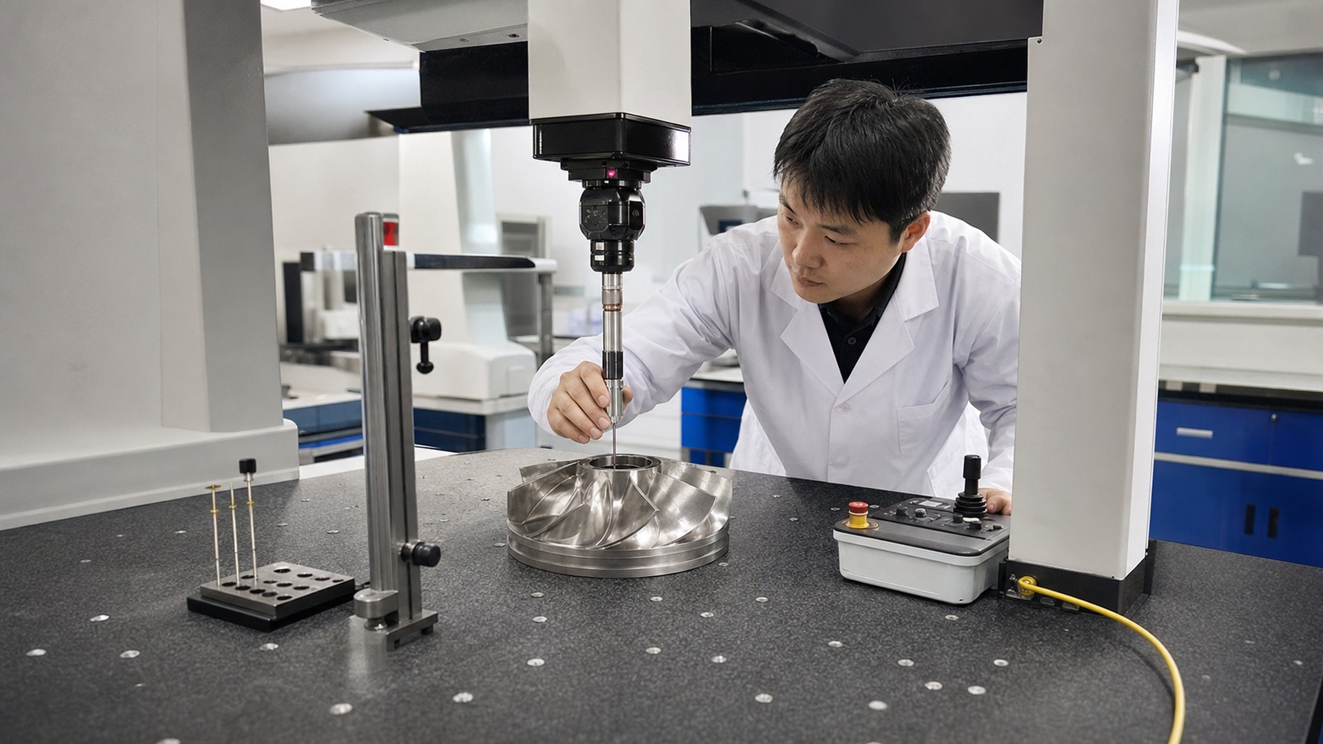 Chinese quality inspector measuring a machined stainless steel pump impeller with a coordinate measuring machine.