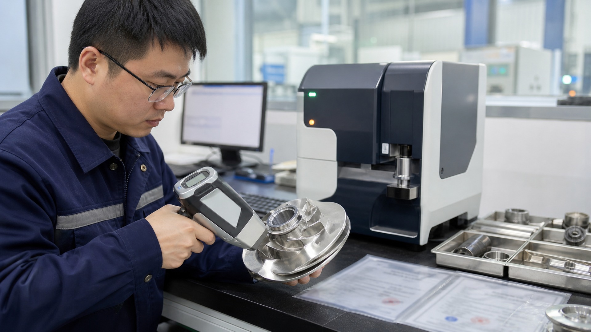 Chinese quality engineer checking a stainless steel pump impeller with a handheld alloy analyzer.