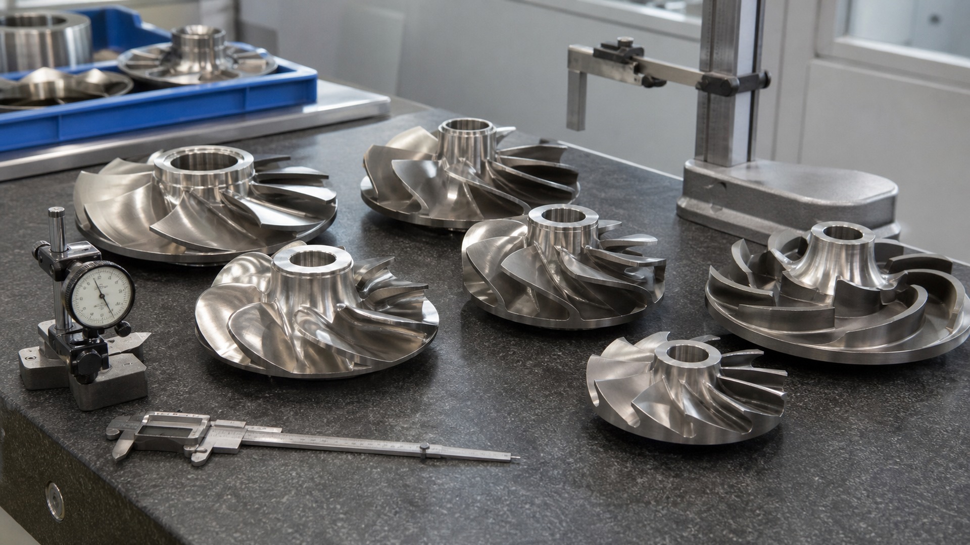Finished stainless steel pump impellers arranged on an inspection table with measuring tools.