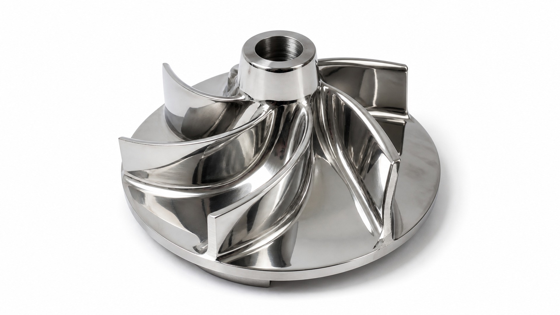 Mirror polished stainless steel centrifugal pump impeller on a clean white background.