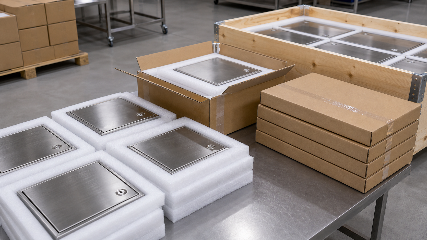 Export packaging for stainless steel access covers with protective foam cartons and wooden crate