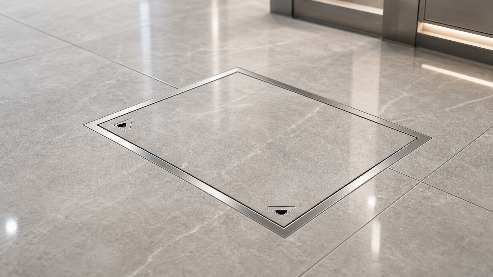 Tile infill stainless steel access cover installed flush with commercial floor tile