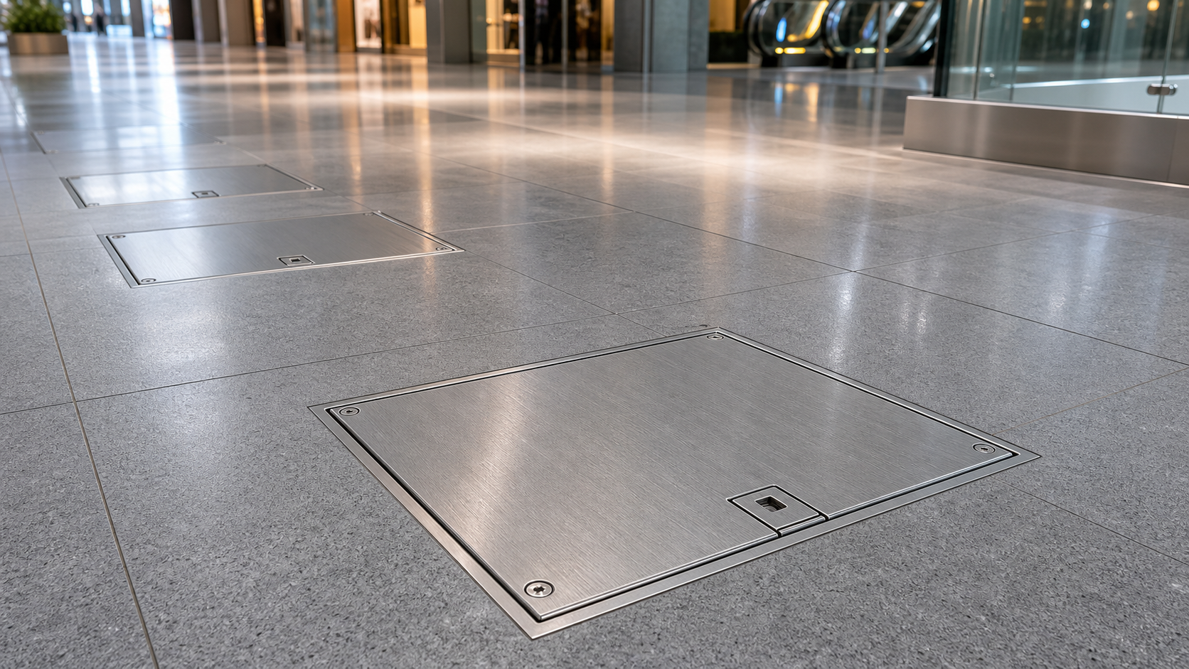 Flush stainless steel access covers installed in a high traffic commercial building floor