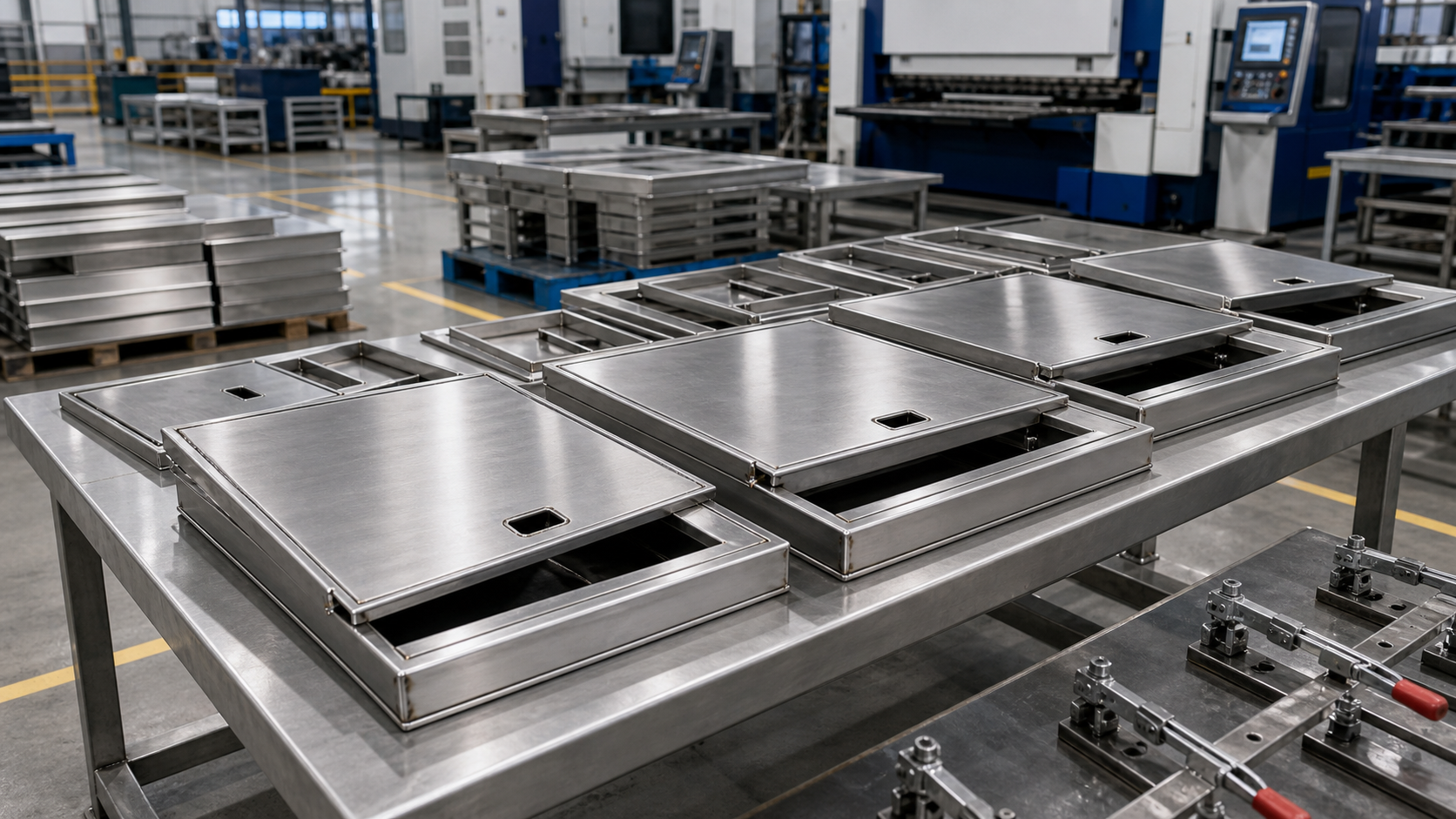 Custom stainless steel access cover frames and panels in a manufacturing workshop