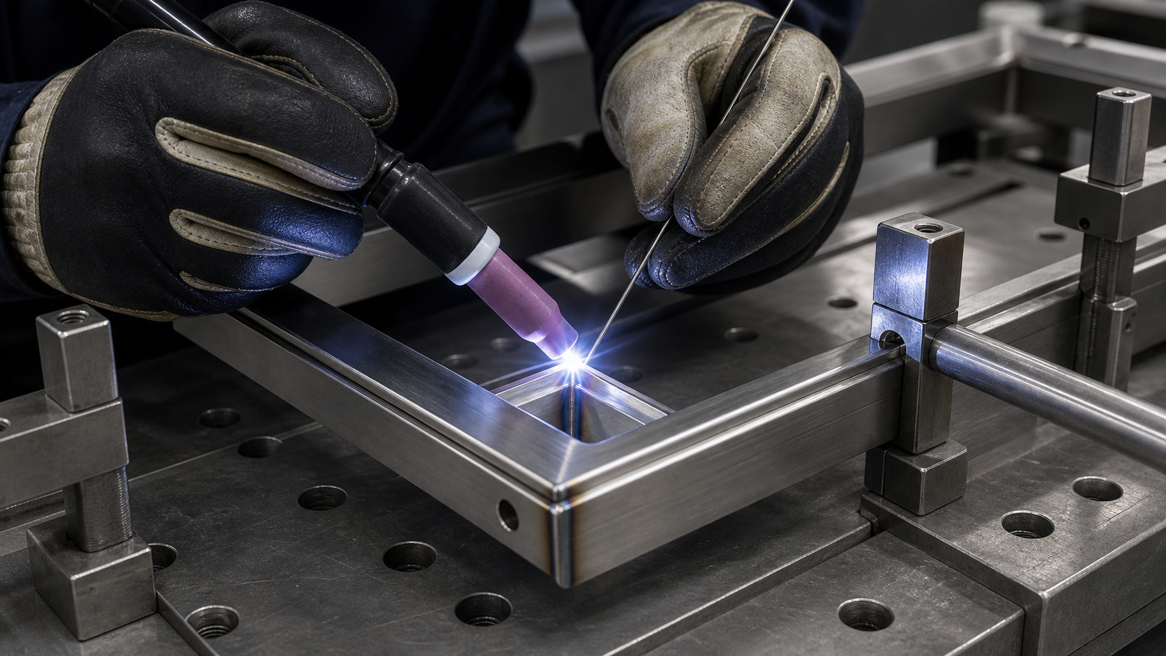 TIG welding stainless steel access cover frame seam in a clean workshop
