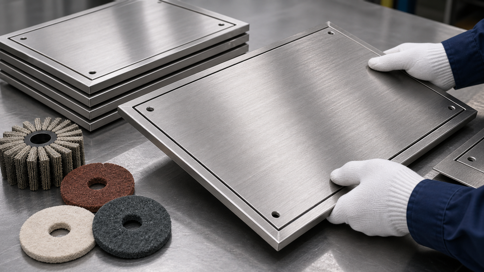 Satin brushed surface finishing on stainless steel access cover panels after polishing