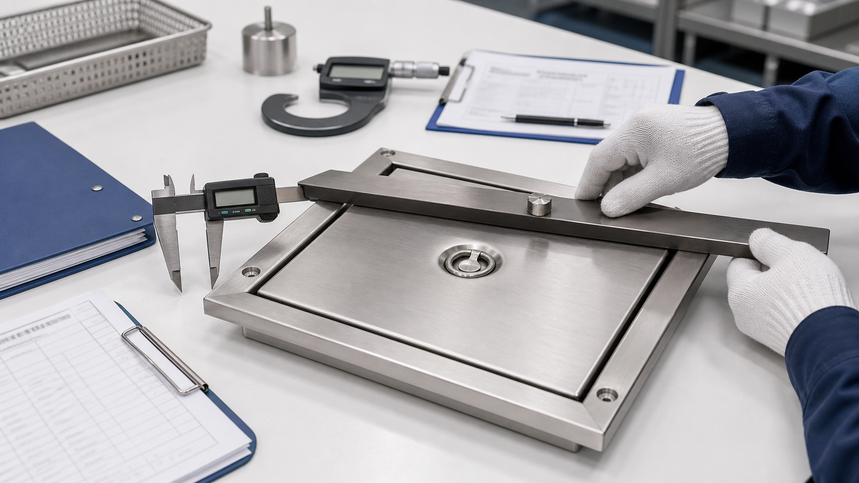 Quality inspection of stainless steel access cover using calipers and material traceability documents