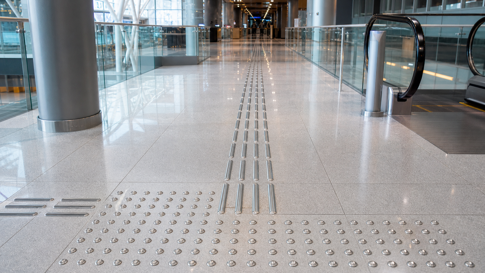 Airport walkway application with stainless steel tactile strips and warning studs