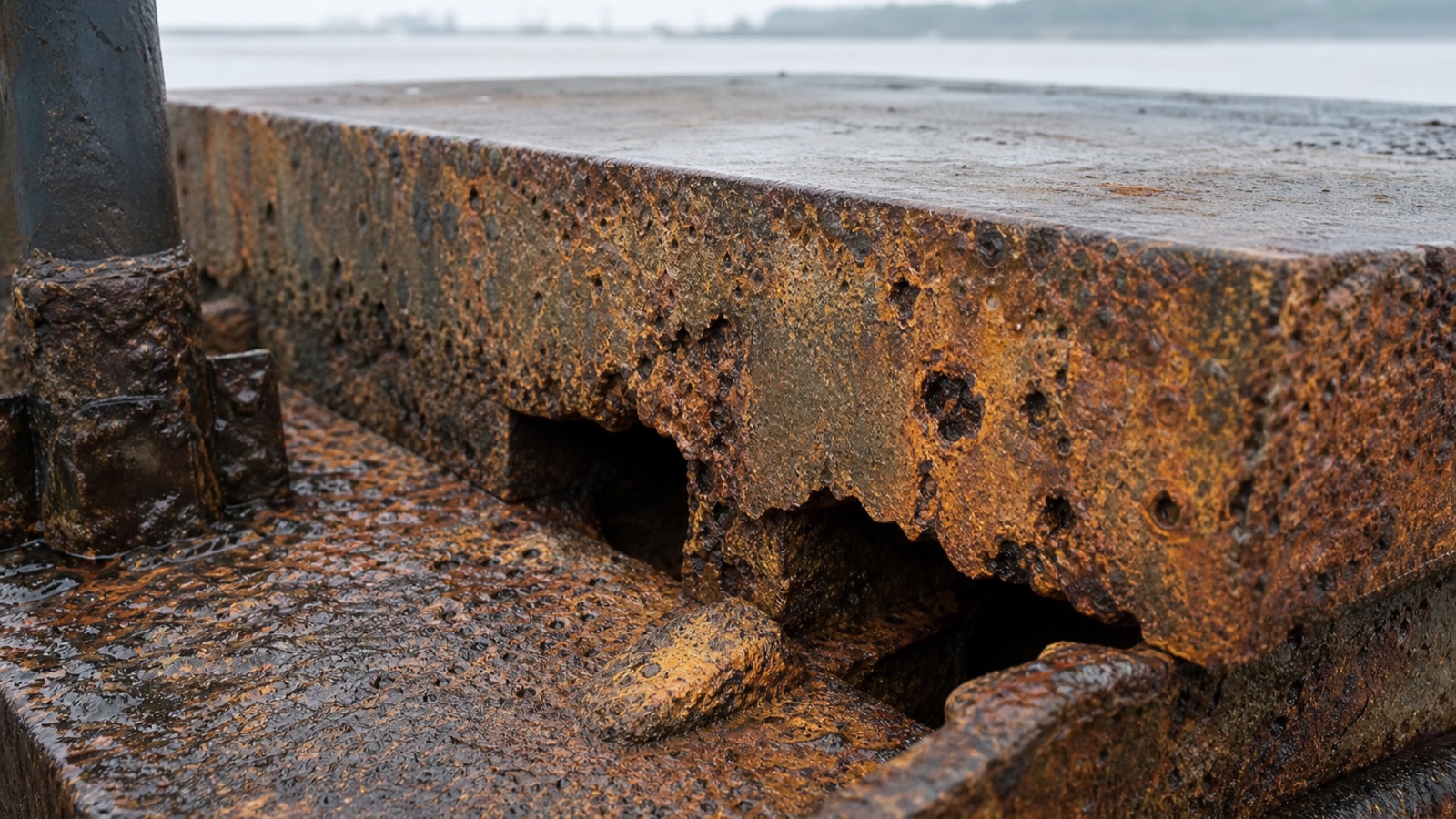 Severe chloride corrosion and pitting on ordinary steel