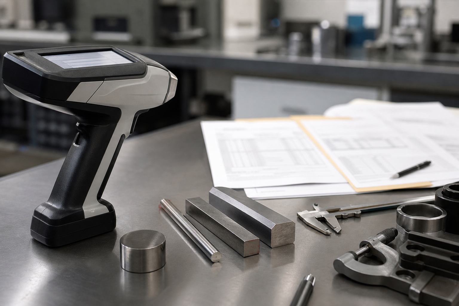 PMI testing device alloy samples and inspection tools on a bench