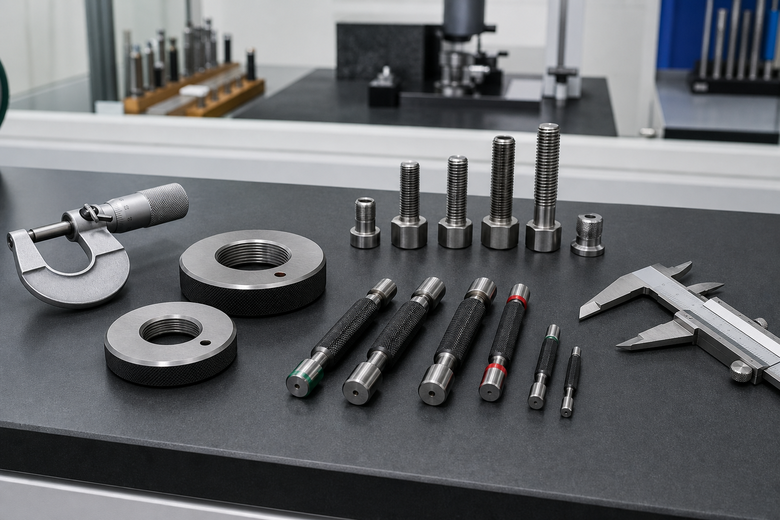 Inspection bench with gauges calipers and finished fasteners