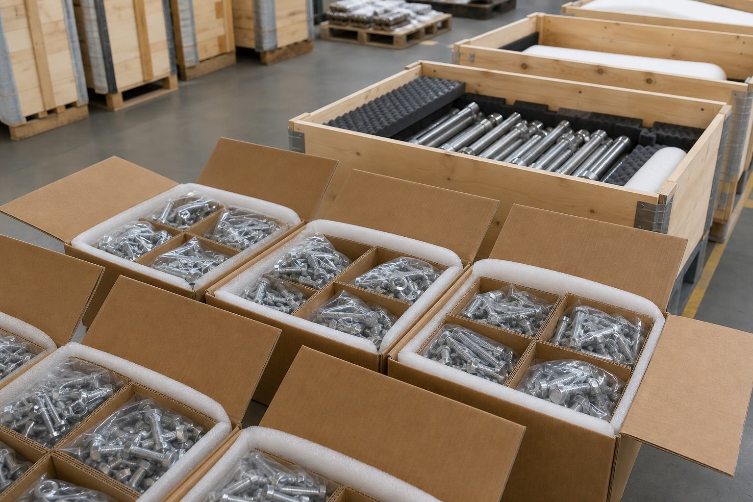 Export packing for finished stainless steel and nickel alloy fasteners
