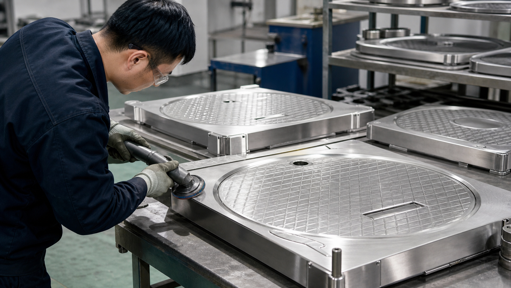 Brushed and polished stainless steel surface finishing for manhole cover panels