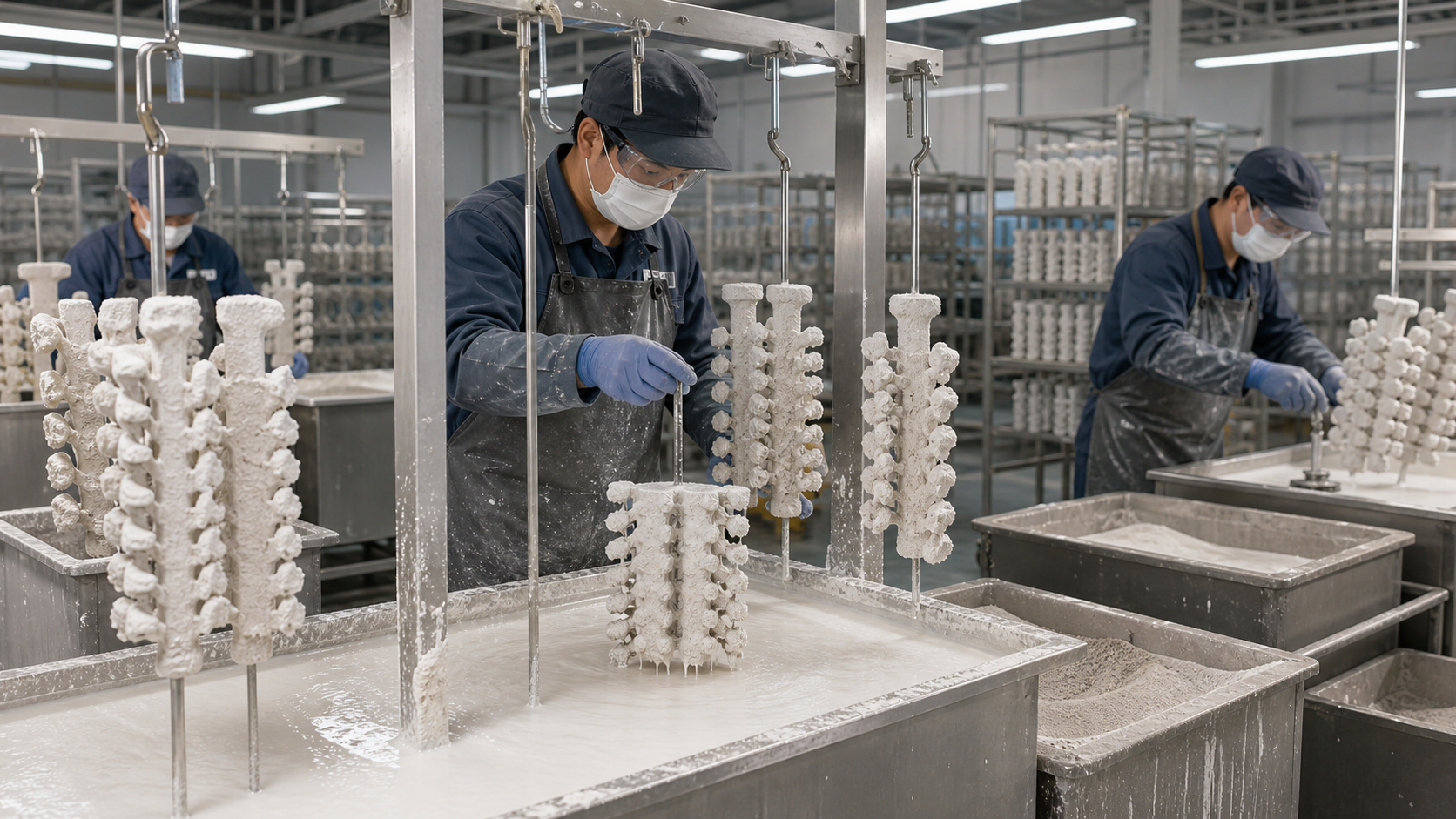 Precision casting workshop with stainless steel architectural hardware after shell knockout