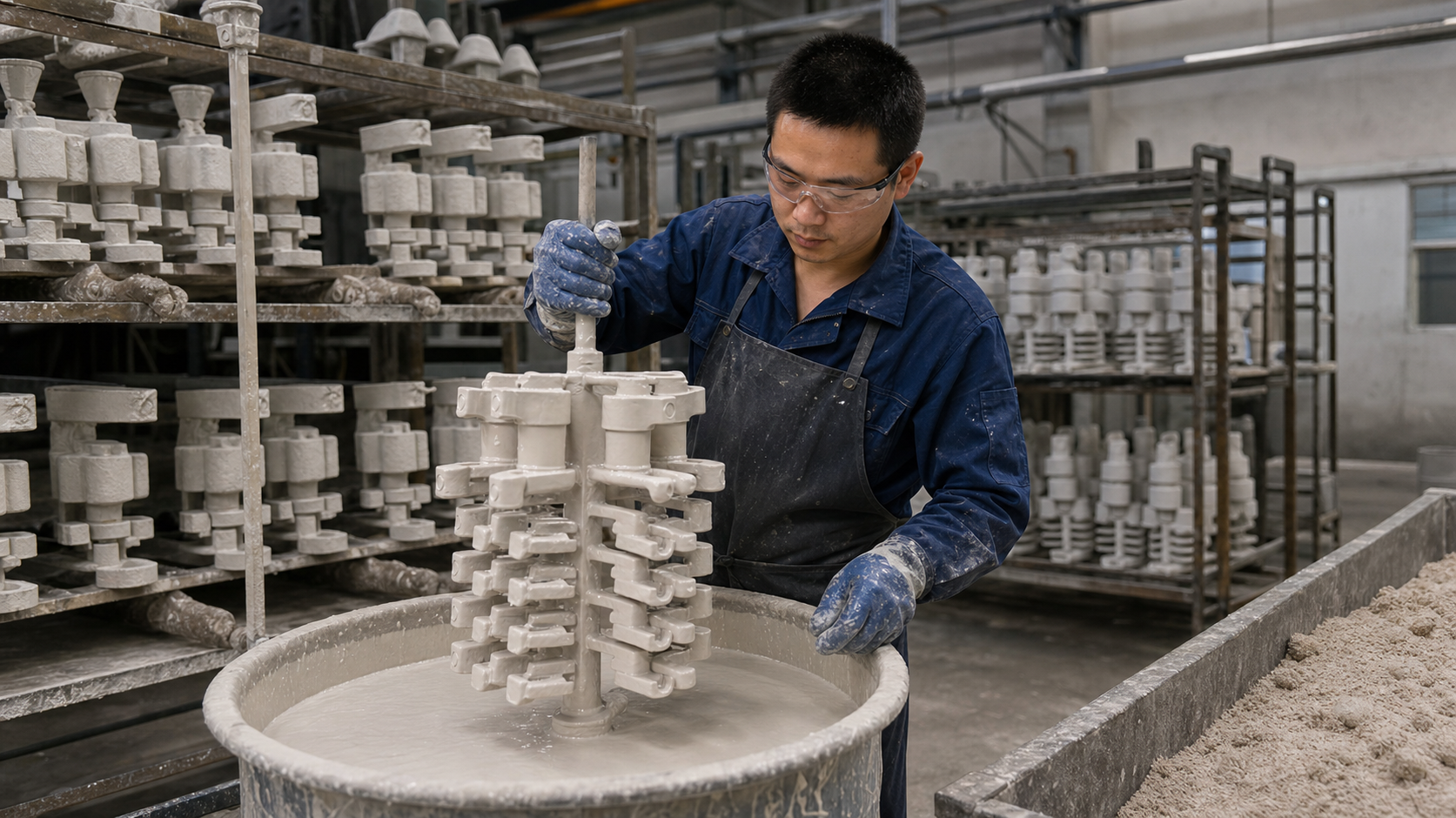 Chinese technician building ceramic shell layers for investment casting